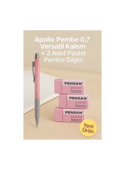 Apollo Beyaz 0.7 Versatil Kalem + 3 Adet Beyaz Silgi Pembe