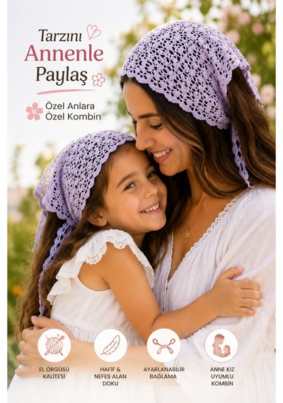 Anne Kız Kombin Bandana El Örgüsü Saç Bandı Bohem Stil Ayarlanabilir 2li Set Mor