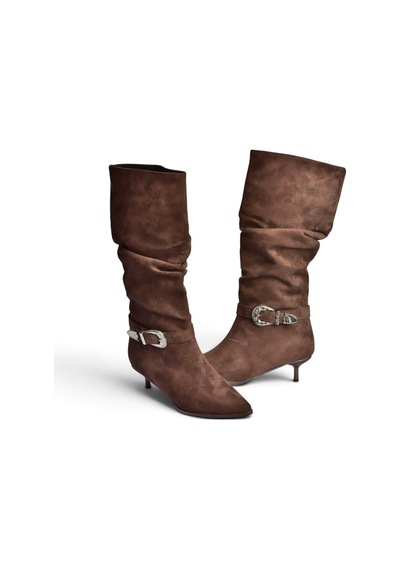 Fox Shoes Z726105702 Kahverengi Süet İnce Topuklu Büzgülü Kadın Çizme