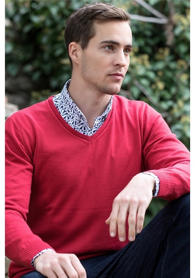 Tudors Slim Fit Dar Kesim V Yaka Pamuklu Erkek Kazak-14072 Kırmızı