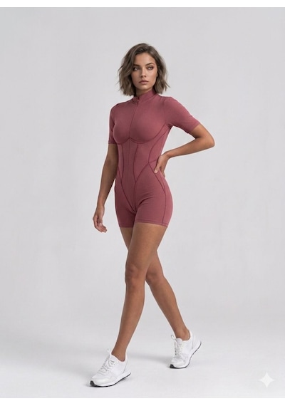 Lismina Dikişle Modellenmiş Spor Tayt Şort Tulum Gül Kurusu
