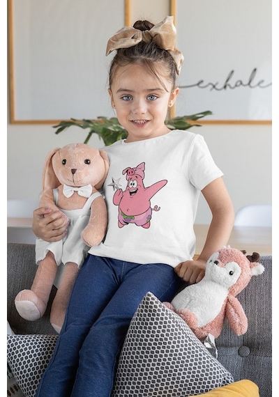 Sevbano Süngerbob Patrick Baskılı Unisex Çizgi Film Çocuk Tişört 1-12 Ya Beyaz