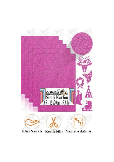 Simli Karton A5 15x20 Cm 5 Li 1 Paket Simli Fon Kartonu Parıltılı Kağıt Anasınıfı Kreş Etkinlik Proje Dekoratif Pembe