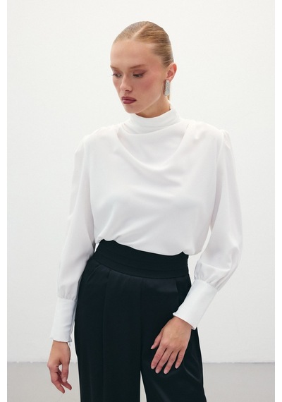Sateen Drape Detaylı Bluz - Ekru