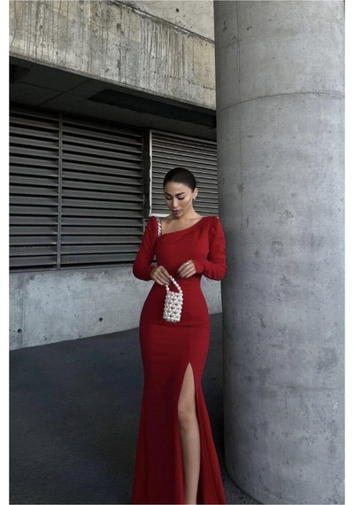 DefyModa Kadın Kayık Yaka Taş Detaylı Uzun Kollu Abiye Elbise Kırmızı