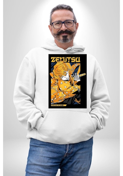 Zenitsu Agatsuma Anime Kadın Erkek Beyaz Kapüşonlu Sweatshirt Hoodie Beyaz