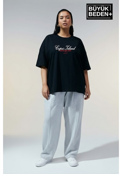 Superlife Kadın Büyük Beden Capri Island Baskılı 3xl-6xl Bisiklet Yaka Tshırt Spr26btsk510-14 Siyah