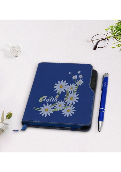 Kişiye Özel Papatya Temalı Lacivert Termo Deri Defter Kalem Seti- N11.136
