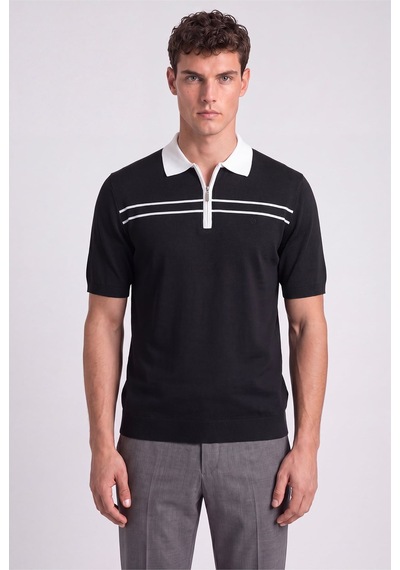 Sabri Özel Siyah Regular Fit Fermuarlı Polo Yaka Örme Triko T-shirt