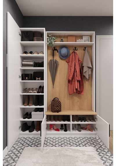 Lüks Çok Raflı Portmanto Askılı Vestiyer %100 MDF  Çok Raflı Ayakkabılık V01