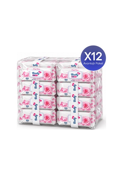 Biolly Pink Rose Islak Mendil 100 Yaprak 12'li Paket 12'li Set