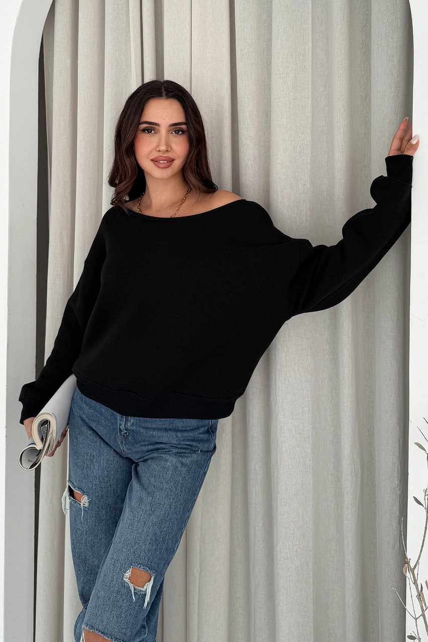 Noa & Noa Kadın Omuz Detaylı Polar Sweatshirt Rahat & Feminen Stil Siyah