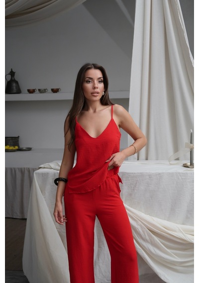 Paw Garage Kadın Shay Kırmızı Ayrobin Ip Askılı Bluz Bol Paça Pantolon Takım, Yaz Yeni Sezon Paw Garage Kadın Shay Kırmızı Ayrobin Ip Askılı Bluz Bol Paça Pantolon Takım, Yaz Yeni Sezon