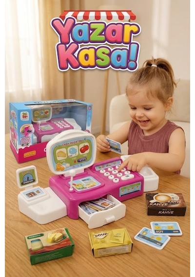 Sesli Oyuncak Yazar Kasa Market Seti - Pilli, Aksesuarlı, Hesap Makineli Evcilik Oyuncağı Pembe
