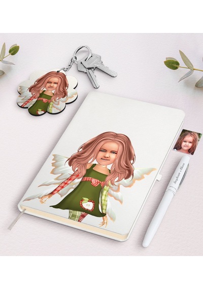 Kişiye Özel Kız Çocuk Peri Karikatürlü Beyaz Defter Kalem Ve Anah