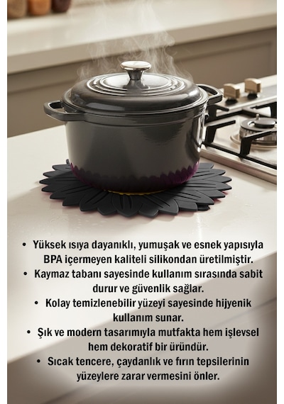 Ayçiçeği Model Kaymaz Silikon Nihale Tencere, Tava, Çaydanlık Ve Servis Altlığı 18,5 X 18,5 Cm Siyah