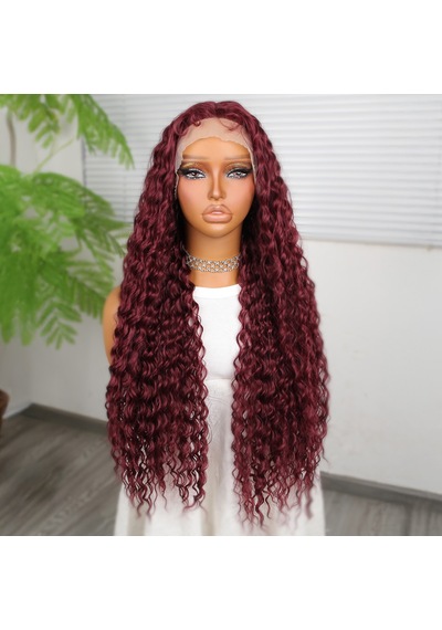 Afro Dalga Koyu Kızıl Fiber Sentetik T Tül Peruk