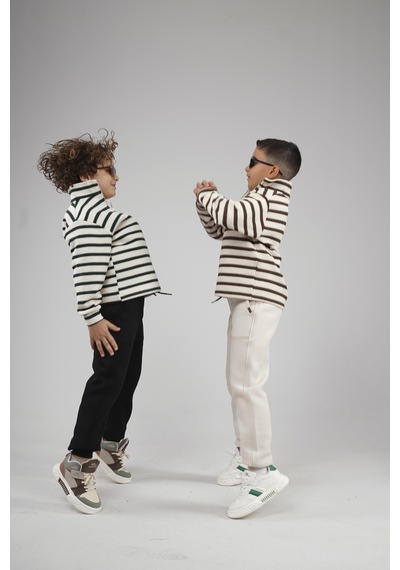 King-Brich Kingbrich Kids Oversize Kalıp Çizgili Yakası Fermuarlı Sweatshirt Kahve