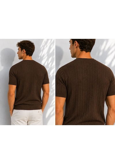 Ribana Erkek Bisiklet Yaka Kısa Kollu Esnek Örme Triko T-shirt 26091 Kahverengi