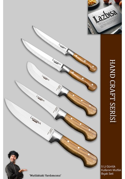 Lazbisa Mtf-032 Hand Craft Mutfak Bıçak Seti Et Ekmek Sebze Bıçağı 5 Li Set Günlük Kullanım Kahverengi