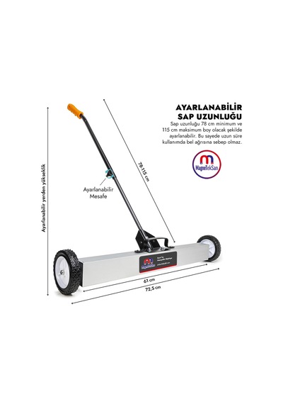 610x105x80 Mm Manyetik Süpürge - Kolay Bıraktırmalı - Uzar Saplı - Alüminyum Şase