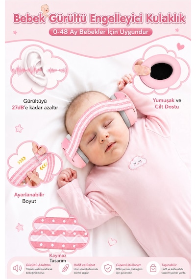 Reyo Bebek Gürültü Önleyici Kulaklık Gürültü Azaltıcı Bebek Kulaklığı 0-3 Yaş Pembe