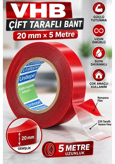 Çift Taraflı Bant 20 Mm X 5 Metre Güçlü Tutunma, Çok Amaçlı Montaj Ve Sabitleme Bandı