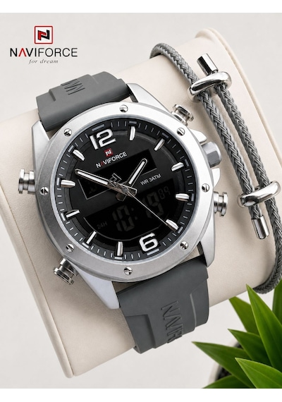 Naviforce Silokon Kordon Dijital & Analoğ Mekanizma Bileklik Hediyeli 3 Atm Erkek Kol Saati Nf9264.3 Gri