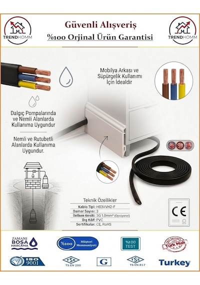 Trendhomm 3x1.5 Ttr Yassı Elektrik Kablosu - %100 Bakır - 4 Metre