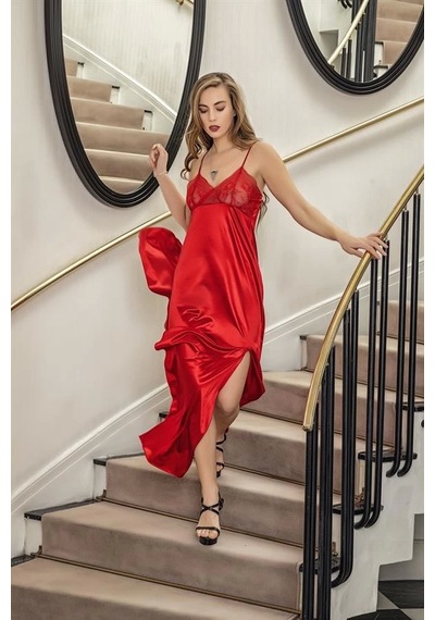 Fevien Dantelli Uzun Yırbrfaçlı Saten Gecelik Elbise String Takım Kırmızı Brf31512 Kırmızı