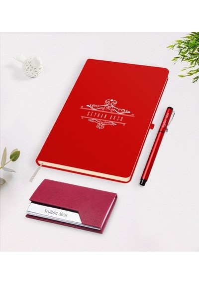 Kişiye Özel Isimli Kırmızı Defter Kalem Kartvizitlik Hediye Seti- (505048583)