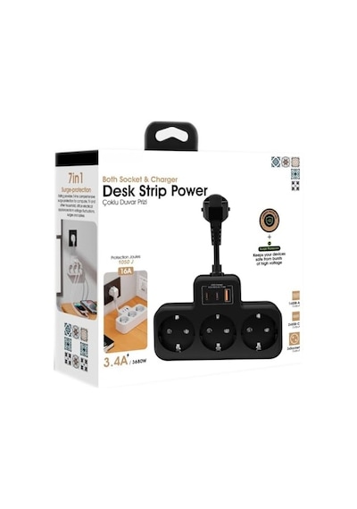 Yüksek Voltaj Korumalı Priz, Duvar Tipi Kısa Kablolu Priz Çoğaltıcı, 3x Soket, 2x Type-c, 1x Usb, 16a, 3680w, 105 Standart