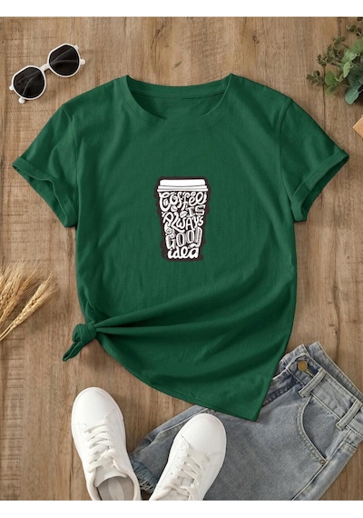 Uyguntarz Unisex Kahve Severlere Özel Tasarım Basklı Tshirt Yeşil