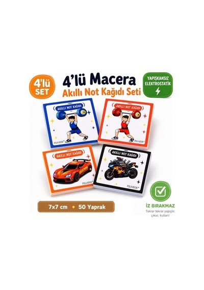 Sporcu Arabalı 4'lü Mini Akıllı Not Kağıdı Seti 50 Sayfa Yapışkansız Post-it