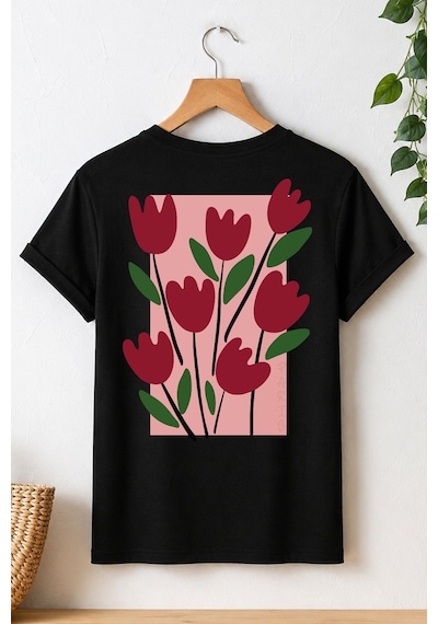 Spoyi Lale Bahçesi Tasarımlı %100 Pamuk Yarım Oversize Siyah T-shirt