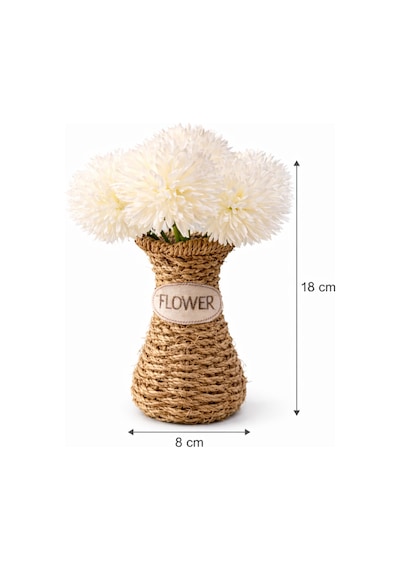 El Yapımı Vintage Tasarım Doğal Hasır Vazo,18 Cm,dekoratif Flower Yazılı Bohem Rattan Saksı,çiçeklik Bej