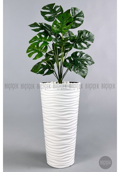 Biçiçek Yapay Monstera Deve Tabani Bi̇tki̇si̇ 130 Cm Beyaz Kumsal Saksıda