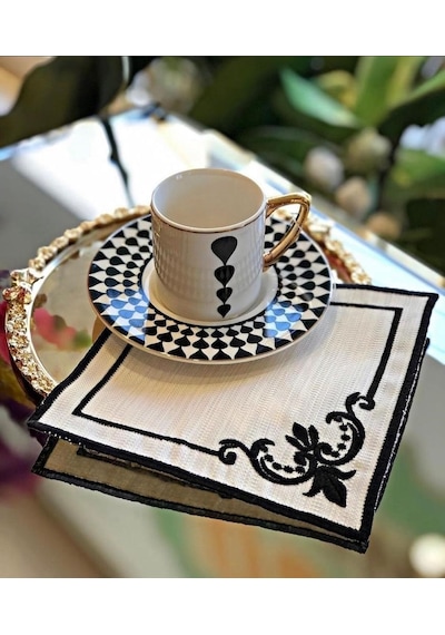 Köşeli Siyah 6'lı Kokteyl Kahve Sunum Peçetesi Maraş İşi Sırma Na