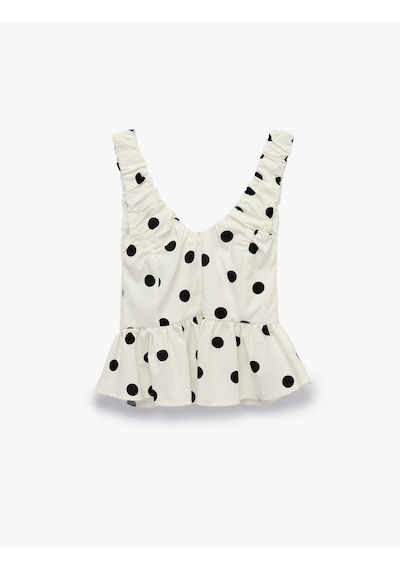 Koton Koton X Sibil Çetinkaya - V Yaka Kolsuz Fırfırlı Peplum Kesim Puantiyeli Poplin Bluz Beyaz Desenli 6sak30076uw
