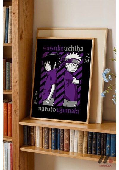Naruto Ve Sasuke Poster, Ahşap Çerçeveli Duvar Tablosu - Anime Severlere Özel Hediye