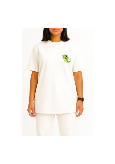 Bahriyeli Collection Oversize Caterpie Cep Baskılı Unisex T-shirt Beyaz