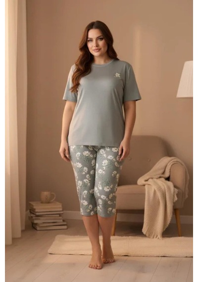 Gd Goldoremi Premium Kadın Büyük Beden Kısa Kollu Likralı Açık Yeşil Rahat Kapri Pijama Takım Gd Goldoremi Premium Kadın Büyük Beden Kısa Kollu Likralı Açık Yeşil Rahat Kapri Pijama Takım