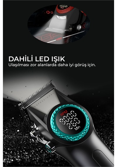 V-001 - Profesyonel Saç & Sakal Kesme Makinesi, 9000 Rpm Yüksek Hız, Dijital Led Ekran - Siyah