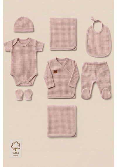 Minory Baby - %100 Pamuk 7'li Hastane Çıkışı Seti Yenidoğan 7'li Set Waffle Kumaş Pembe Pembe