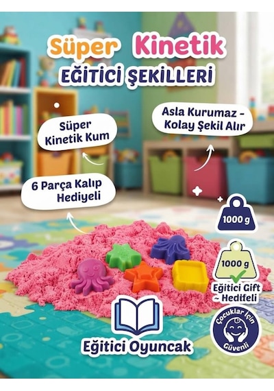 6 Kalıp Hediyeli Kinetik Oyun Kumu Kolay Temizlenen Parlak Kurumayan Güvenli Eğitici Oyuncak Kum Pembe