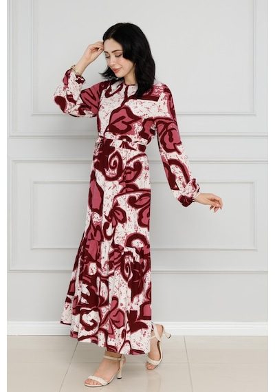Sevitli Çiçekli Kuşaklı Viscon Elbise-bordo-4127-bordo Bordo