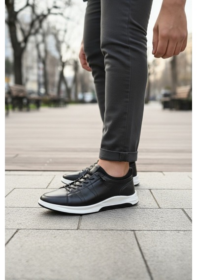 Enoch Hakiki Deri Yüksek Tabanlı Erkek Sneaker Ortopedik Taban Siyah