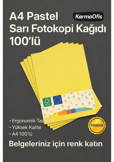 A4 Pastel Sarı Fotokopi Kağıdı 100 Lü Renkli Yazıcı Kağıdı