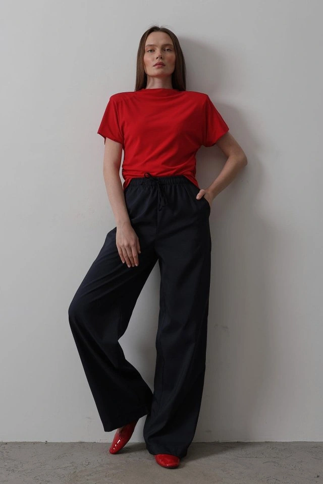 Amorluxe Beli Lastikli Bol Paça Pantolon - Lacivert
