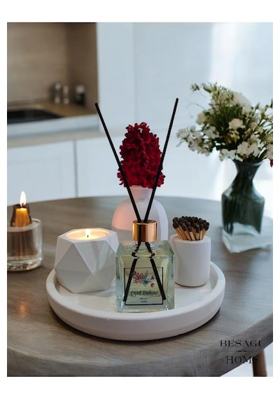 Dekoratif Mum Ve Vazo Seti - Vazo+oda Kokusu+tealight Mumluk Ve Mum+kibritlik+yuvarlak Tepsili Beyaz